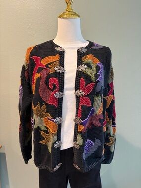 Vintage CAAMANO Black Multicolor Floral Knit Cardigan Sweater